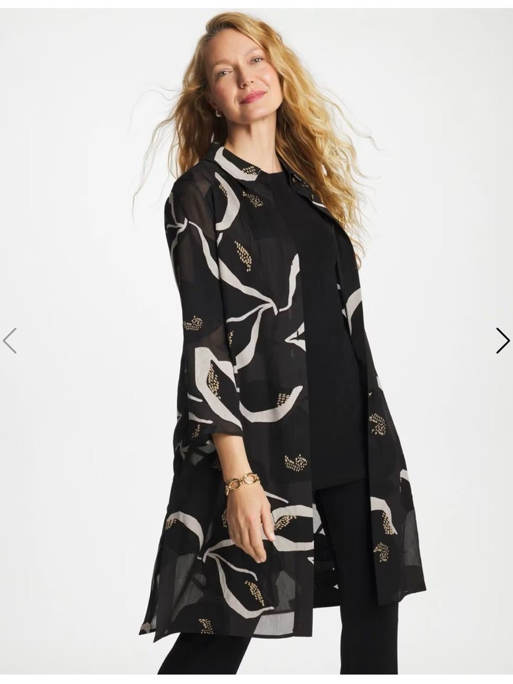 NWOT Chico's Black Sheer Longline Tunic with Cream & Gold Print